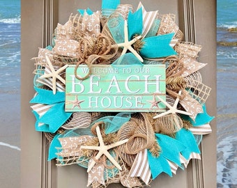 Welcome to our Beach House Wreath, Front Door Wreath, Beach Home Decor, Coastal Wreath, Turquoise Beach Wreath, Starfish