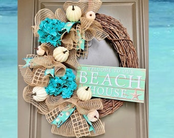 Fall Beach Wreath, Beach House Fall Decor, Coastal Fall Decor, Burlap Beach Wreath, Pumpkin Beach Decorations, Fall Front Door Wreath, Home