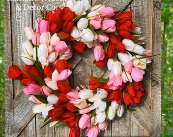 Valentines Gift for Her, Valentines Day Wreath, Valentines Day Decor, Spring Wreath, Spring Tulip Wreath, Outdoor Wreath, Valentines Sign