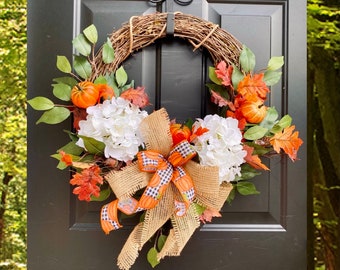 Fall Hydrangea Wreath, Fall Grapevine Wreaths for Front Door, Hydrangea Wreath, Pumpkin Wreath, Buffalo Check Autumn Decor, Farmhouse Rustic