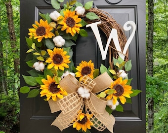 Sunflower Wreath for Front Door, Sunflower Decor, Monogram Wreath, Summer Wreath, Farmhouse Wreath, Cotton Wreath, Grapevine, Rustic Wreaths