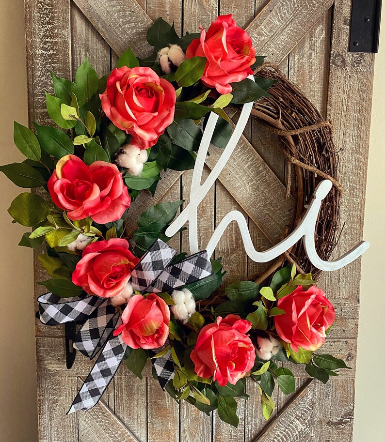 Black White Buffalo Check Wreath Hi Wreath Spring Front Door Wreath Cotton Grapevine Wreath Summer Wreath Spring Decor Rose Wreath
