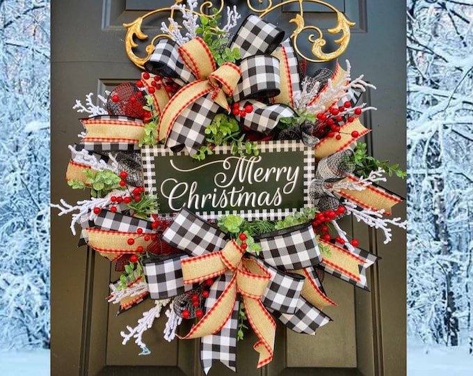 Featured listing image: Farmhouse Christmas Wreath, Buffalo Check Wreath, Black and White Wreath, CHRISTMAS Wreaths for Front Door, Winter Wreath, Rustic Christmas