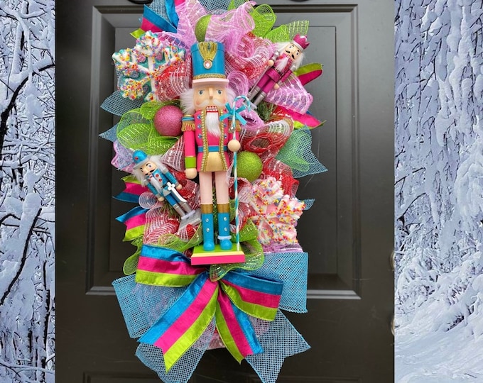 Featured listing image: Christmas Wreath, Nutcracker Wreath, Christmas Decor, Front Door Wreath, Snowflake Wreath, Candy Wreath, Christmas Nutcracker, Winter Decor