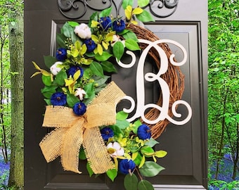 Blue Fall Wreath, Fall Wreath for Front Door, Fall Wreaths, Pumpkin Wreath, Autumn Wreath, Front Door Wreaths, Fall, Pumpkin Decor, Cotton