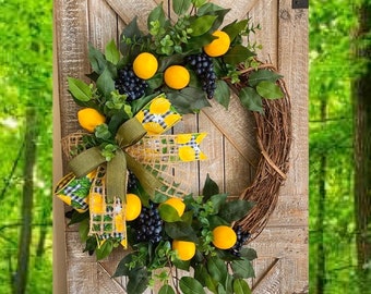 Lemon and Blueberry Grapevine Wreath for Front Door, Kitchen Wall Decor, Fruit Double Door Wreaths, Grapevine Greenery Outdoor Door Hanger
