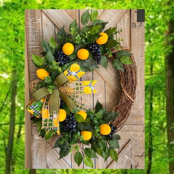 Lemons Wreath, Yellow Lemons Wreath, Boxwood and Lemons, Blueberries and Lemons, Summer Door Wreaths, Front Porch Wreaths, Harvest Wreath