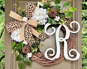 Leopard Fall Wreath, leopard Pumpkin Wreath, Fall Wreaths, Leopard Autumn Decor, Pumpkin Wreath for Front Door, Fall Grapevine, Hydrangeas