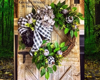 Halloween Wreath - Fall Black White Buffalo Plaid Grapevine Wreath - Autumn Hydrangea Wreaths - Gray Buffalo Check Wreath for Front Door
