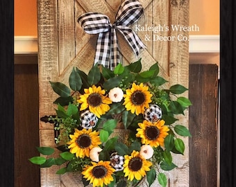 Fall Wreath with Sunflowers for Front Door, Buffalo Check Pumpkin Wreaths, Buffalo Plaid Decorations, Outdoor Autumn Wreath for Front Door