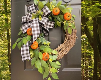 FALL Wreaths, Pumpkin Wreath, Thanksgiving Wreath, Black White Buffalo Check, Buffalo Plaid Wreath, Fall Decor, Orange Pumpkin Wreath