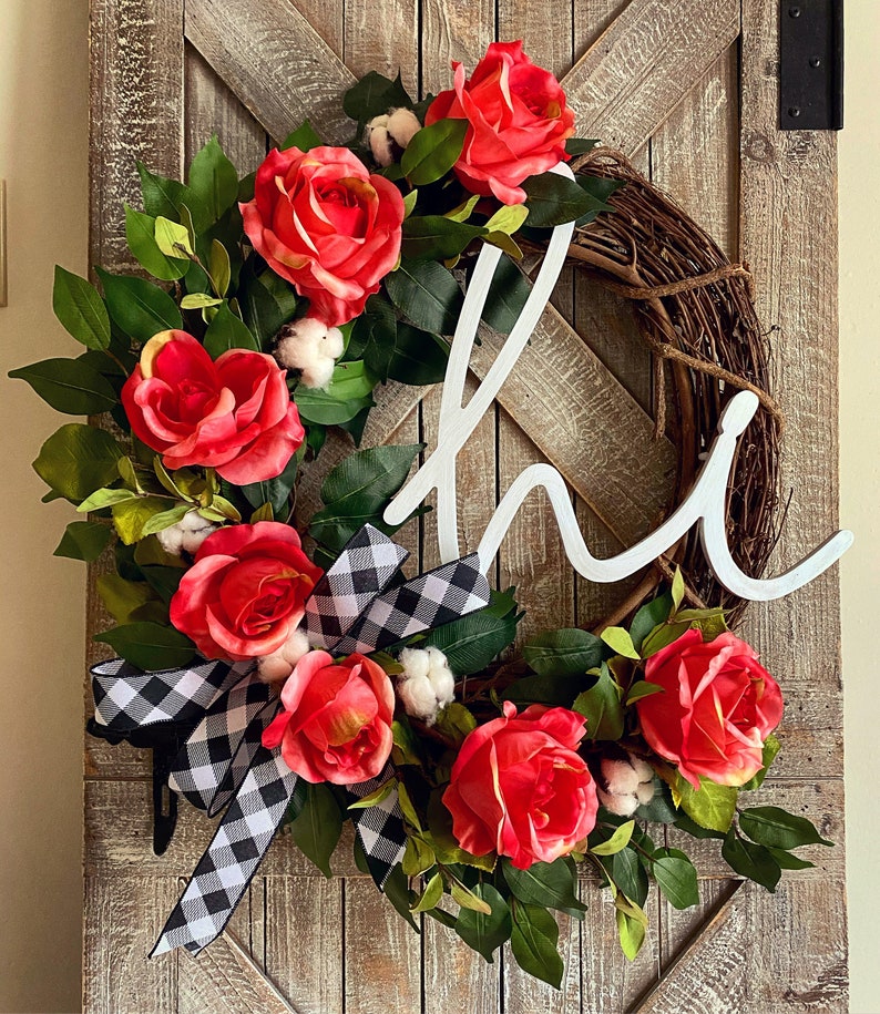 Black White Buffalo Check Wreath Hi Wreath Spring Front Door Wreath Cotton Grapevine Wreath Summer Wreath Spring Decor Rose Wreath