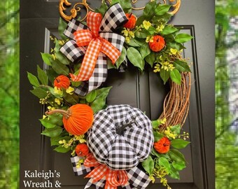 Fall Grapevine Wreath, Fall Door Wreath, Fall Black White Buffalo Check Pumpkin Wreath, Rustic Fall Wreath, Fall Farmhouse, Buffalo Check
