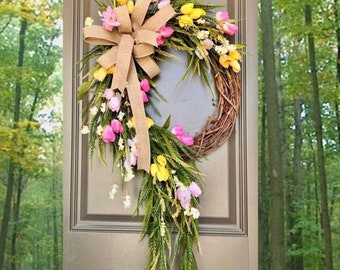 Year Round Wreath, Everyday Wreaths, Spring Wreath for Front Door, Front Door Wreaths, Farmhouse Decor, Mothers Day Gift, Monogram Gift