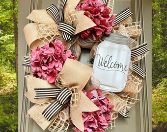 Hydrangea Wreath for Front Door, Farmhouse Spring Decor, Spring Wreath, Wreath for year round, Burlap Spring Wreath, Pink Floral Wreaths