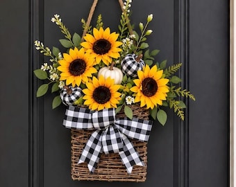 Fall Sunflower Wreath: Buffalo Check Farmhouse Decor