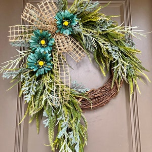 Turquoise Farmhouse Spring Wreath, Monogram Wreath, Spring Front Porch Decor, Year Round Wreaths, Every Day Wreath, Mothers Day Gift, Home image 4