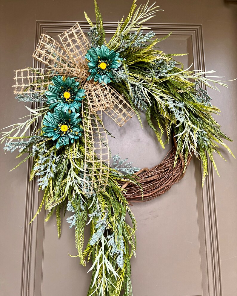 Turquoise Farmhouse Spring Wreath, Monogram Wreath, Spring Front Porch Decor, Year Round Wreaths, Every Day Wreath, Mothers Day Gift, Home image 4