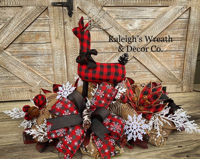 Featured listing image: Rustic Christmas centerpiece, Buffalo Plaid Christmas Decor, Farmhouse Christmas centerpiece, Deer Decorations, Table Decor, Winter Snow