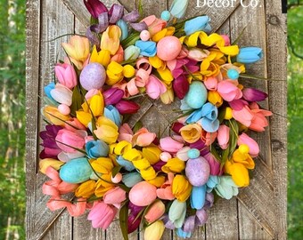 Easter Egg Wreath for Front Door, Tulip Wreath, Spring Door Wreath, Easter Bunny Wreath, Easter Decorations, Spring Decor, Housewarming Gift