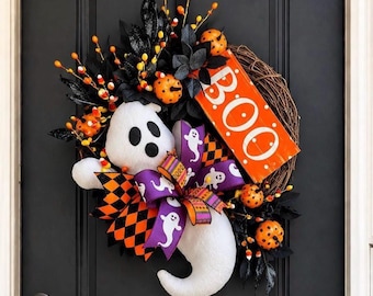 Ghost Wreath, Halloween Wreath for Front Door, Halloween Home Decor, Candy Corn Wreath, Pumpkin Wreath, Boo, Wreath for Halloween, Swag