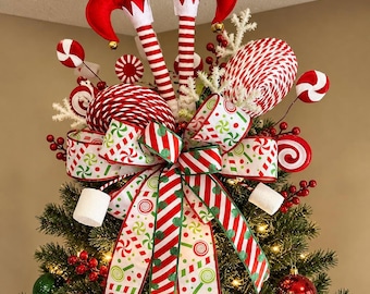 Christmas Tree Topper, Tree topper bow with streamers, Christmas Tree Star, Elf Christmas Decor, Fake Candy Christmas Decorations