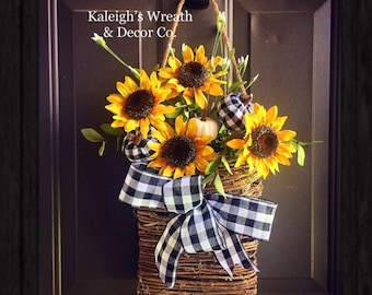 Sunflower Wreath, Basket Wreath, Flower Basket Wreath, Buffalo Check Wreath, Fall Sunflower Wreath, Fall Buffalo Check, Pumpkin Wreath