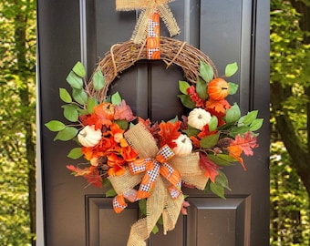 Fall Wreath, Fall Wreaths for Front Door, Front Door Wreath, Hydrangea Wreath, Pumpkin Wreath, Buffalo Check Autumn Decor, Burlap Farmhouse