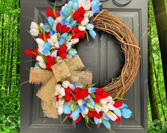 Patriotic Front Door Wreath, Red White and Blue Wreath, Tulip Wreath, Summer Wreaths, Patriotic Home Decor, 4th of July Wreath, Home Decor