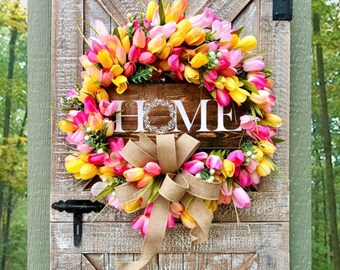 Tulip Grapevine Wreath, Front Door Spring Wreath, Mothers Day Gift, Wreath with Home Sign, Tulip Wreaths, Farmhouse Spring Decor, Easter