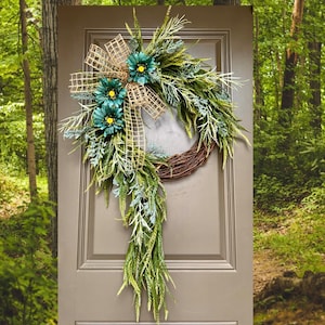 Turquoise Farmhouse Spring Wreath, Monogram Wreath, Spring Front Porch Decor, Year Round Wreaths, Every Day Wreath, Mothers Day Gift, Home image 1