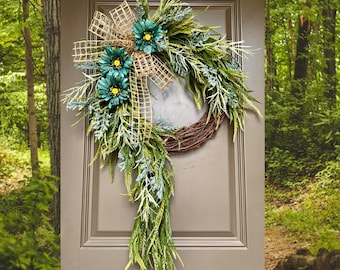 Turquoise Farmhouse Spring Wreath, Monogram Wreath, Spring Front Porch Decor, Year Round Wreaths, Every Day Wreath, Mothers Day Gift, Home