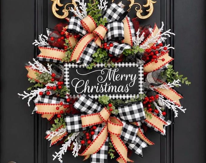 Featured listing image: Farmhouse Christmas Wreath, Buffalo Check Wreath, Black and White Wreath, CHRISTMAS Wreaths for Front Door, Winter Wreath, Rustic Christmas