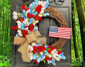 American Flag Wreath, USA home decor, Patriotic Wreath, Tulip Wreath, Summer Front Door Wreath, Farmhouse Door Wreath, Military Wreath