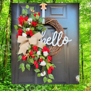 Spring Wreath for Front Door, Farmhouse Spring Decor, Cotton Front Door Wreath, Tulip Wreath for Front Door, Spring Wreath, Red, Patriotic