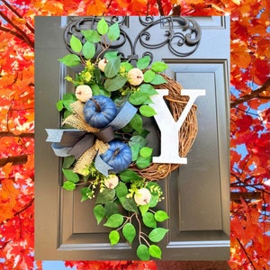 Blue Pumpkin Wreath, Blue Fall Wreath, Autumn Wreath for Front Door, Fall Grapevine, Wreath with Pumpkins, Burlap Fall, Monogram Fall Wreath