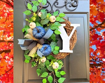 Blue Pumpkin Wreath, Blue Fall Wreath, Autumn Wreath for Front Door, Fall Grapevine, Wreath with Pumpkins, Burlap Fall, Monogram Fall Wreath