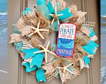 Mermaid Front Door Wreath, Pirate Wreath, Beach House Decor, Mermaid Decorations, Pirate Decor, Beach Home, Housewarming Gift, Starfish
