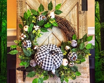 Autumn Wreath, Rustic Wreath, Buffalo Plaid, Front Porch Wreath, Fall Wreath, Thanksgiving Wreath, Fall Decorations, Boxwood Pumpkin Wreaths