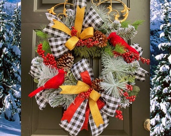 Christmas Wreath for Front Door, Cardinal Wreath, Buffalo Plaid Christmas Decor, Winter Wreath, Red Cardinal Decorations, Christmas Door