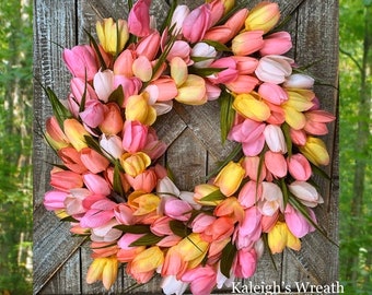 Tulip Wreath for Front Door, Pink Tulip Wreath, Yellow Tulip Wreath, Spring Wreath, Mother’s Day Wreath, Shabby Chic Decor, Spring Decor
