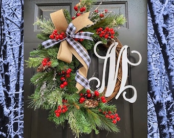 Monogram Wreath, Buffalo Check Wreath, Winter Wreath, Christmas Farmhouse Wreath, Berry Wreath, Winter Decor, Evergreen Wreath, Pinecones