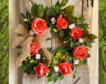 Rose Wreath, Spring Wreath, Valentines Day Gift, Farmhouse Wreath, Greenery Cotton Wreath, Everyday Wreath for Front Door, Front Dior Wreath