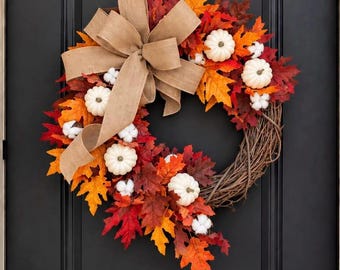 FALL Wreaths, Pumpkin Wreath, Thanksgiving Wreath, Burlap Fall Door Wreath, Fall Decor, White Pumpkin Wreath, Rustic Autumn Wreaths, Home