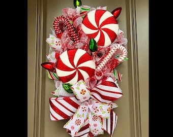 Christmas Candyland Wreath, Candycane Decor, Holiday Door Hanger Swag, Christmas Double Door Wreath, Red and White Christmas Wreaths, Decor