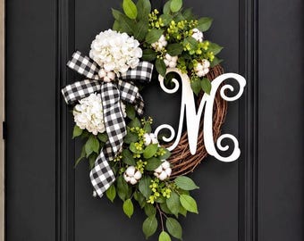 Monogram Wreath: Buffalo Check Bow, White Hydrangeas, Front Door Decor