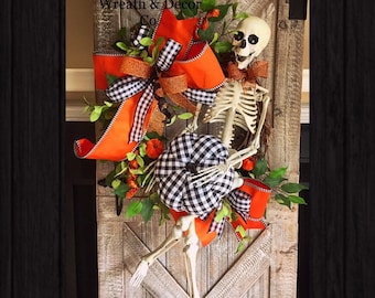 Halloween wreath with skeleton, buffalo check wreaths, buffalo plaid wreaths, halloween wreaths for front door, Skeleton wreath, fall wreath
