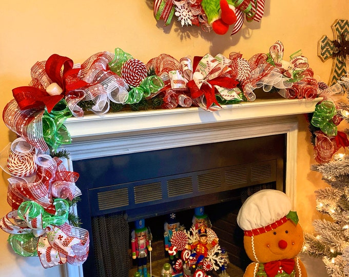 Featured listing image: Garland Christmas Mantle, Garland for Staircase, Christmas Decorations, Fireplace Garland, Garland for Front Door, Candy Decor