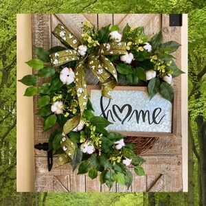 Greenery Wreath, Front Door Wreath with Cotton, Wreath for Front Door, Farmhouse Wreath, Year Round Wreath, Spring Wreath, Summer Wreath