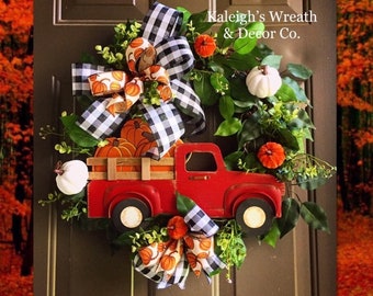 Autumn Wreath, Red Truck Wreath for Fall, Pumpkin Wreath, Fall Door Decor, Thanksgiving Home Decor, Fall Grapevine Wreath, Buffalo Check